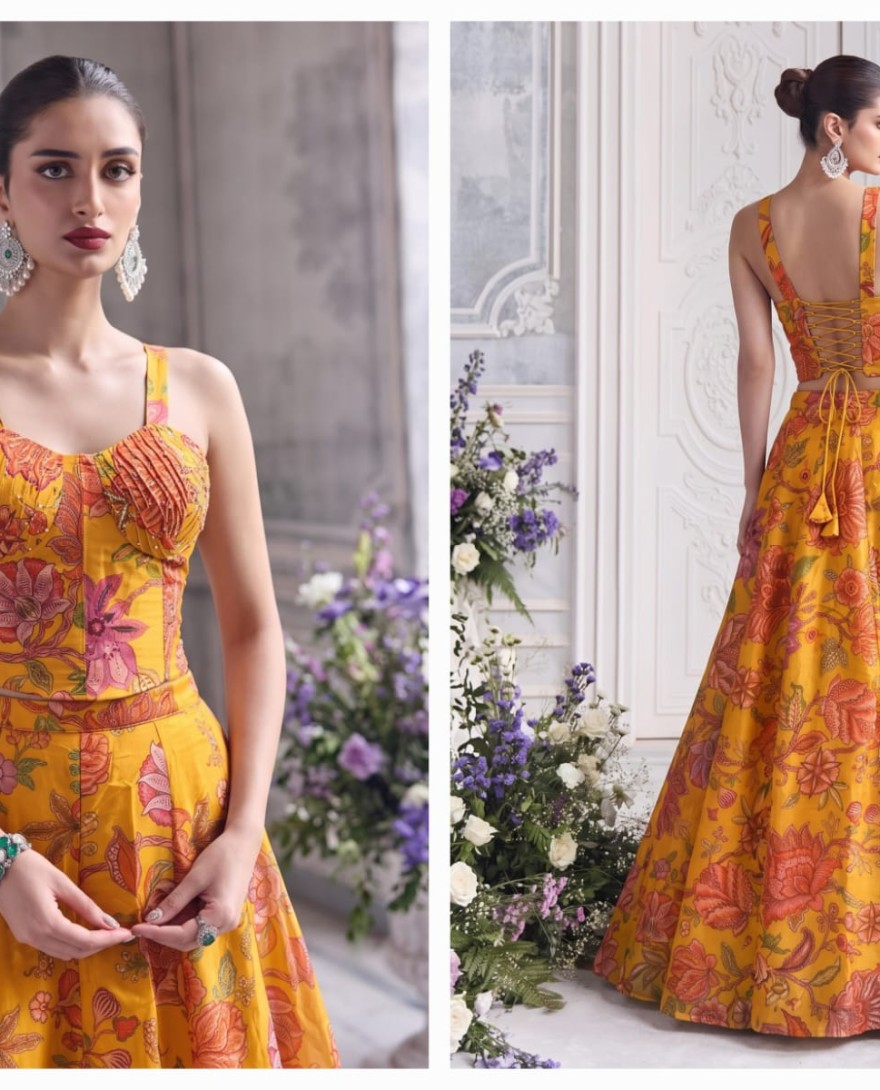 YELLOW - Mustard Floral Tabby Organza Party Wear Lehenga Set